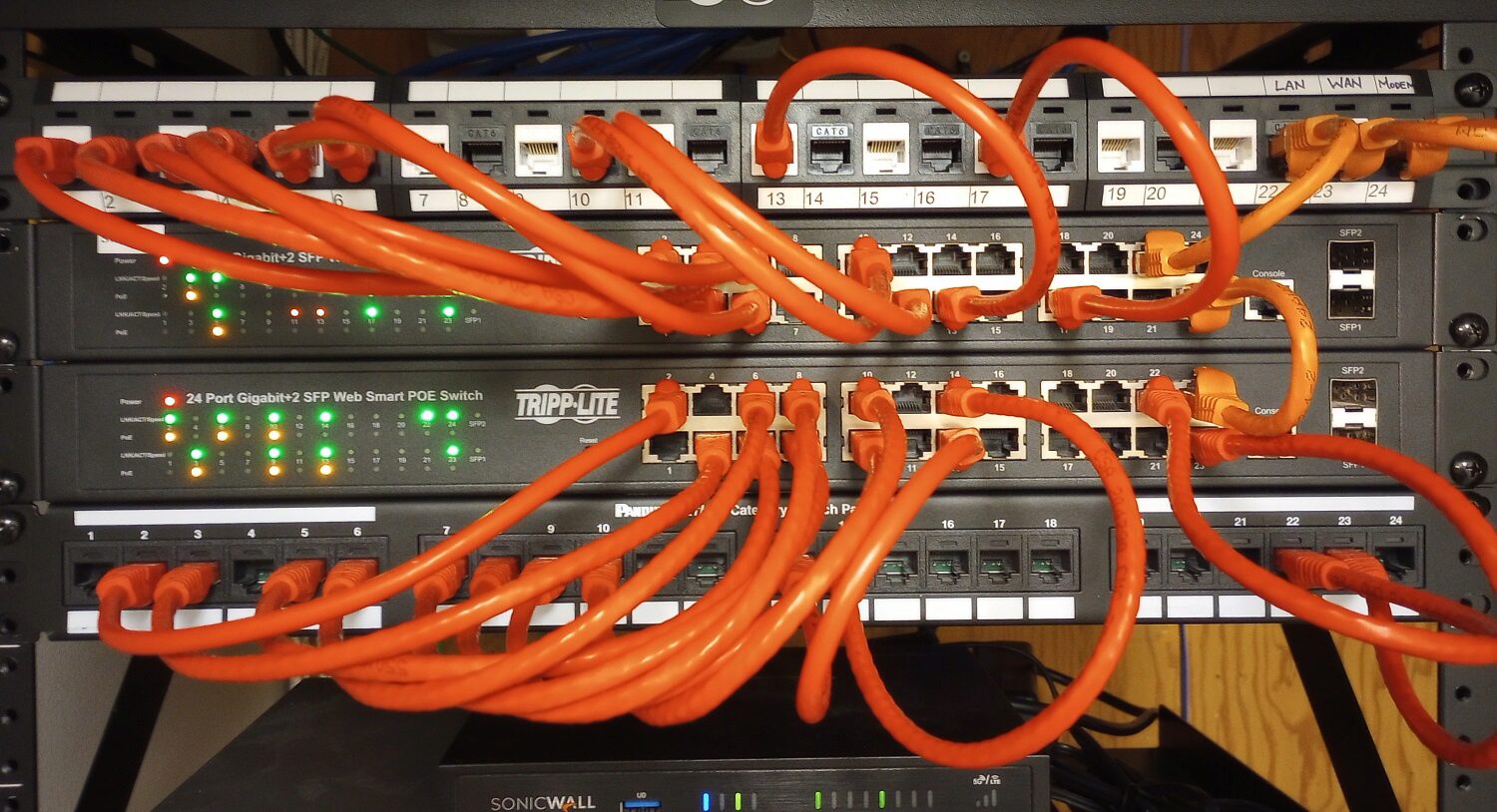 Network rack with patch panels and patch cables